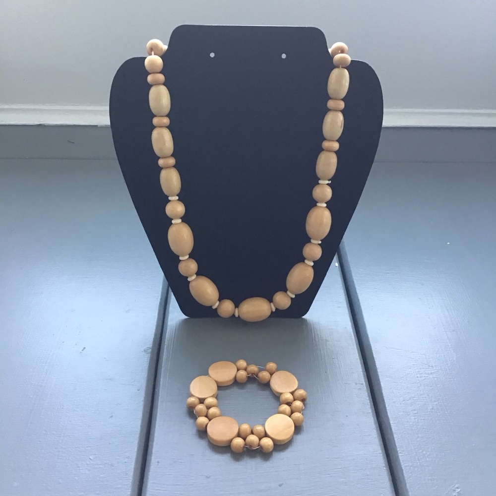 Vintage Wood Bead Necklace And Bracelet Set